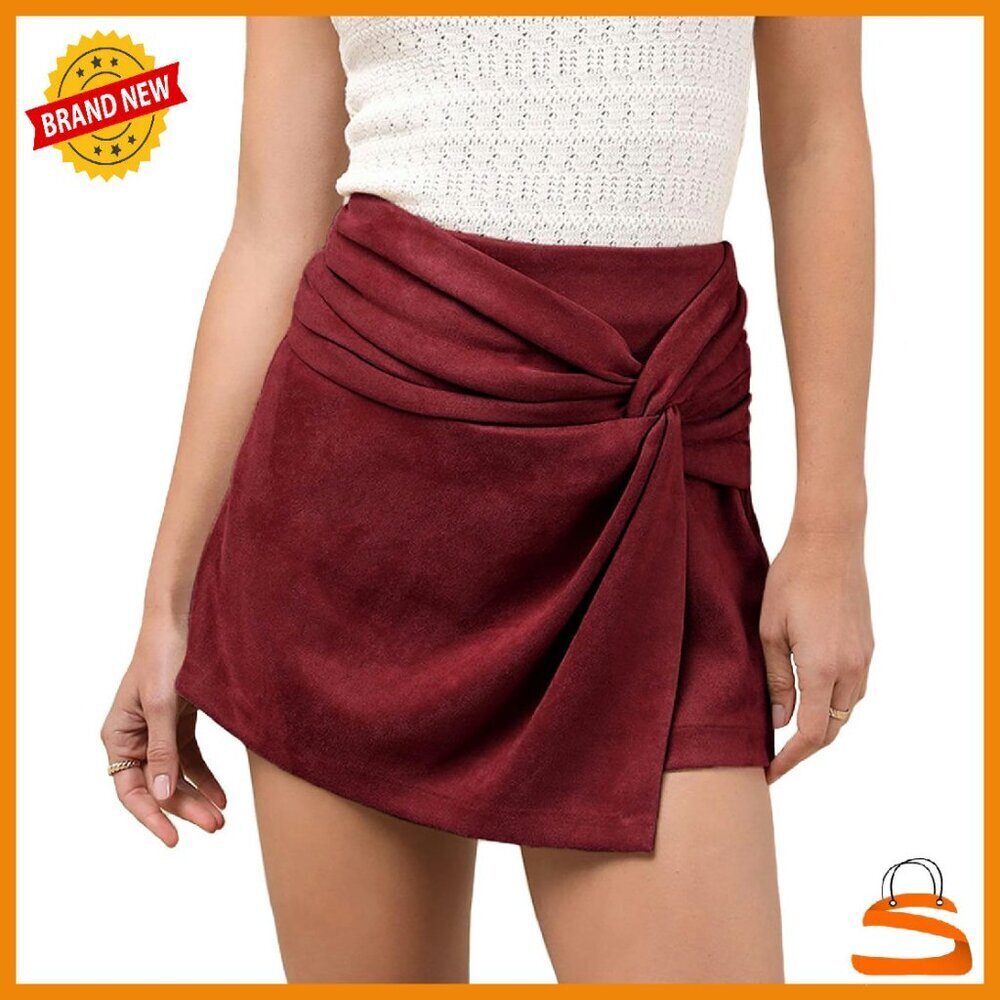 Faux Suede Mini Skort High Waist Wrap Knot Design Bodycon Skirt